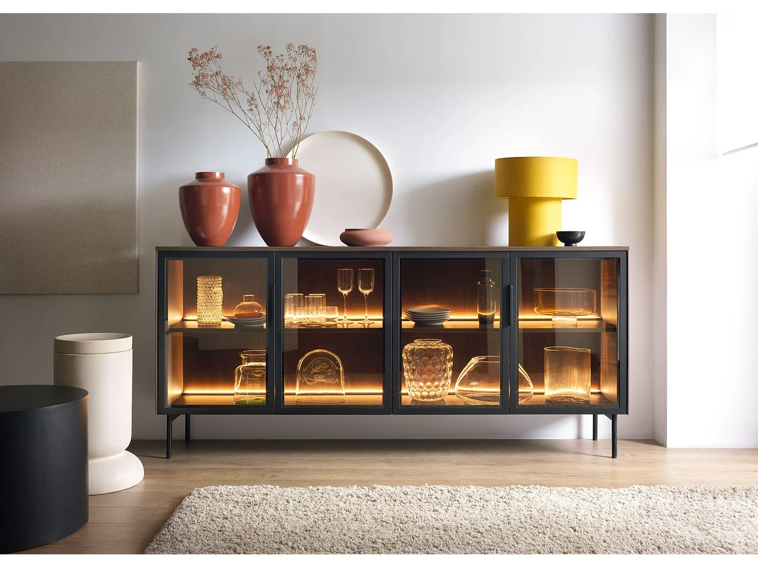 Dressoir met 4 glazen deuren en LED's - 181 cm - Dunin eiken - SELSEY LUMI