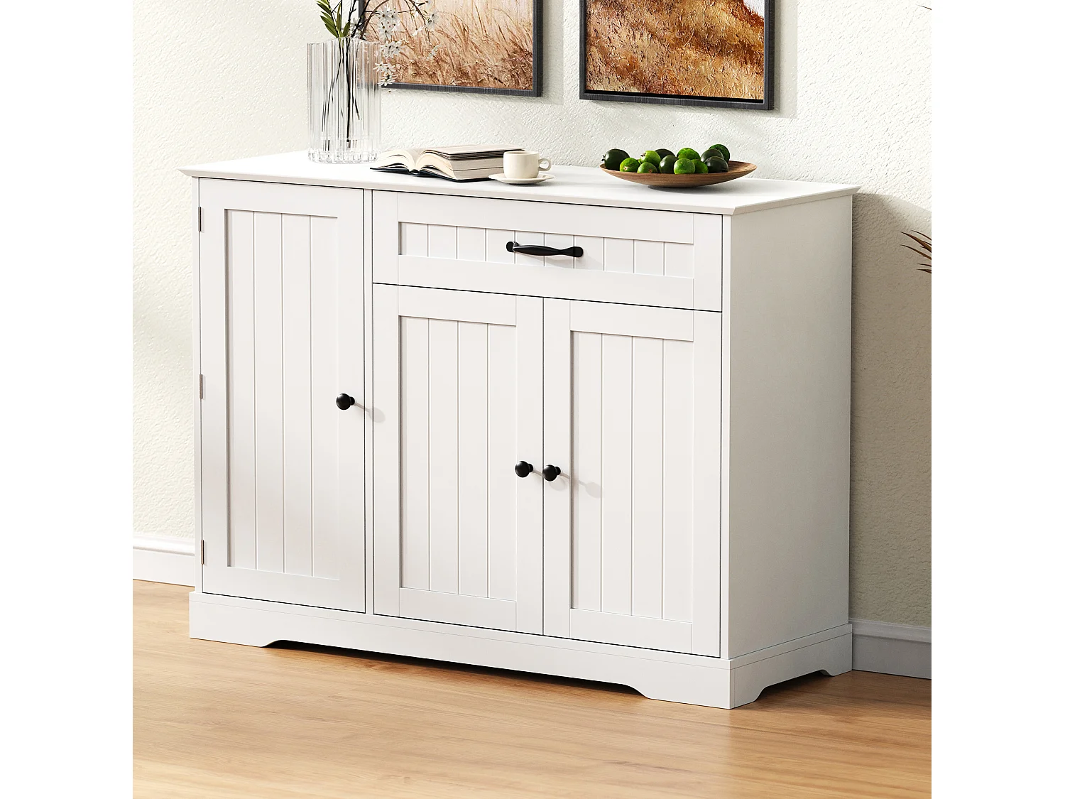Dressoir 75x40x90 cm met drielaagse legplank en zes vakken. Gemaakt van wit MDF. Geschikt voor zowel de woonkamer als de eetkamer.