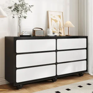 Elegante 6-laden dressoir/ladekast – 140 x 38 x 74,5 cm – moderne kaptafel – spaanplaat – zwart + wit Elegante 6-laden dressoir/ladekast – 140 x 38 x 74,5 cm – moderne kaptafel – spaanplaat – zwart + wit