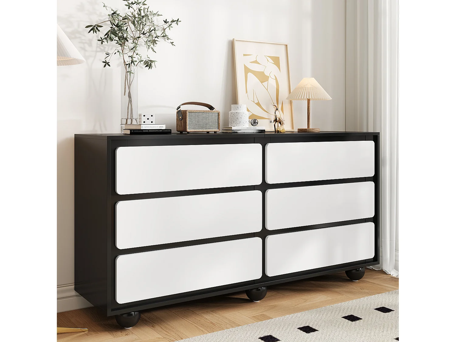 Elegante 6-laden dressoir/ladekast - 140 x 38 x 74,5 cm - moderne kaptafel - spaanplaat - zwart + wit