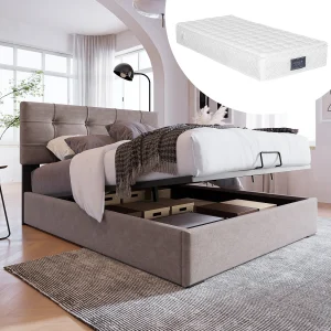 Eenpersoonsbed met opbergruimte 90×200 cm in lichtgrijs fluweel – Verstelbaar hoofdeinde (matras inbegrepen)