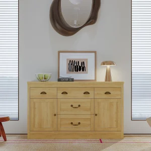 Dressoir met 2 deuren en 5 lades, opbergkast met metalen scharnieren, ladekast met gebogen handgrepen, 135 x 39,8 x 80 cm Dressoir met 2 deuren en 5 lades, opbergkast met metalen scharnieren, ladekast met gebogen handgrepen, 135 x 39,8 x 80 cm