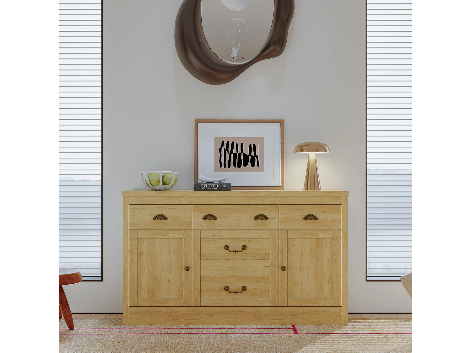 Dressoir met 2 deuren en 5 lades, opbergkast met metalen scharnieren, ladekast met gebogen handgrepen, 135 x 39,8 x 80 cm