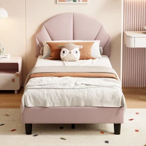 Eenpersoonsbed voor kinderen 90 x 200 cm – wolkvormig hoofdeinde – in hoogte verstelbaar hoofdeinde – fluweel – roze Eenpersoonsbed voor kinderen 90 x 200 cm – wolkvormig hoofdeinde – in hoogte verstelbaar hoofdeinde – fluweel – roze