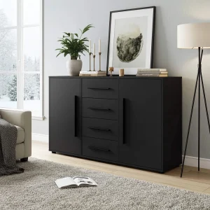 Dressoir Modena 150 cm – Mat Zwart (2 deuren, 4 lades)