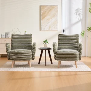 Fauteuil in olijfgroene boucléstof – Houten poten – Voor woonkamers, slaapkamers en kantoren Fauteuil in olijfgroene boucléstof – Houten poten – Voor woonkamers, slaapkamers en kantoren