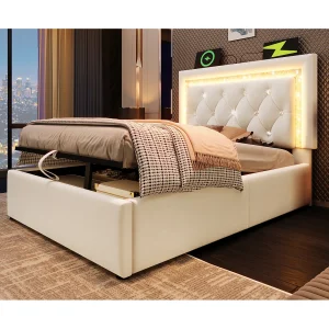 Eenpersoons opbergbed 90×200 cm met LED-verlichting, USB- en Type-C-aansluiting – Beige fluweel Eenpersoons opbergbed 90×200 cm met LED-verlichting, USB- en Type-C-aansluiting – Beige fluweel