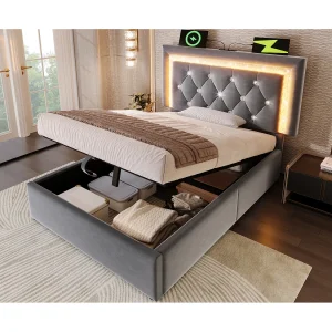 Eenpersoons opbergbed 90×200 cm met LED-verlichting, USB- en Type-C-aansluiting – Grijs fluweel Eenpersoons opbergbed 90×200 cm met LED-verlichting, USB- en Type-C-aansluiting – Grijs fluweel