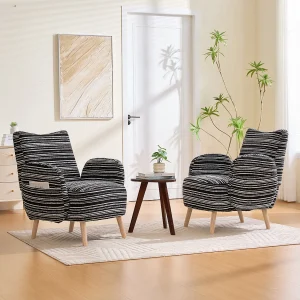 Fauteuil in zwarte boucléstof – Houten poten – Voor woonkamers, slaapkamers en kantoren Fauteuil in zwarte boucléstof – Houten poten – Voor woonkamers, slaapkamers en kantoren