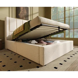 Eenpersoonsbed met opbergruimte 90×200 cm met bekerhouder en 3 USB-poorten, 1 Type-C – Beige linnen