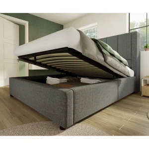 Eenpersoonsbed met opbergruimte 90×200 cm met bekerhouder en 3 USB-poorten, 1 Type-C – Grijs linnen