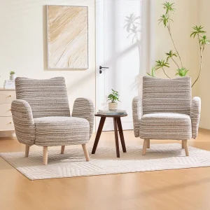 Fauteuil in kaki bouclé stof – Houten poten – Voor woonkamers, slaapkamers en kantoren Fauteuil in kaki bouclé stof – Houten poten – Voor woonkamers, slaapkamers en kantoren