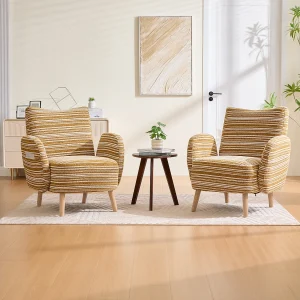 Fauteuil bekleed met mosterdgele boucléstof – Houten poten Fauteuil bekleed met mosterdgele boucléstof – Houten poten