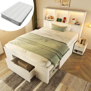Eenpersoons houten opbergbed – 90 x 200 cm – met afneembaar nachtkastje + LED-verlichting + USB-aansluiting + lades + planken – wit (matras inbegrepen) Eenpersoons houten opbergbed – 90 x 200 cm – met afneembaar nachtkastje + LED-verlichting + USB-aansluiting + lades + planken – wit (matras inbegrepen)