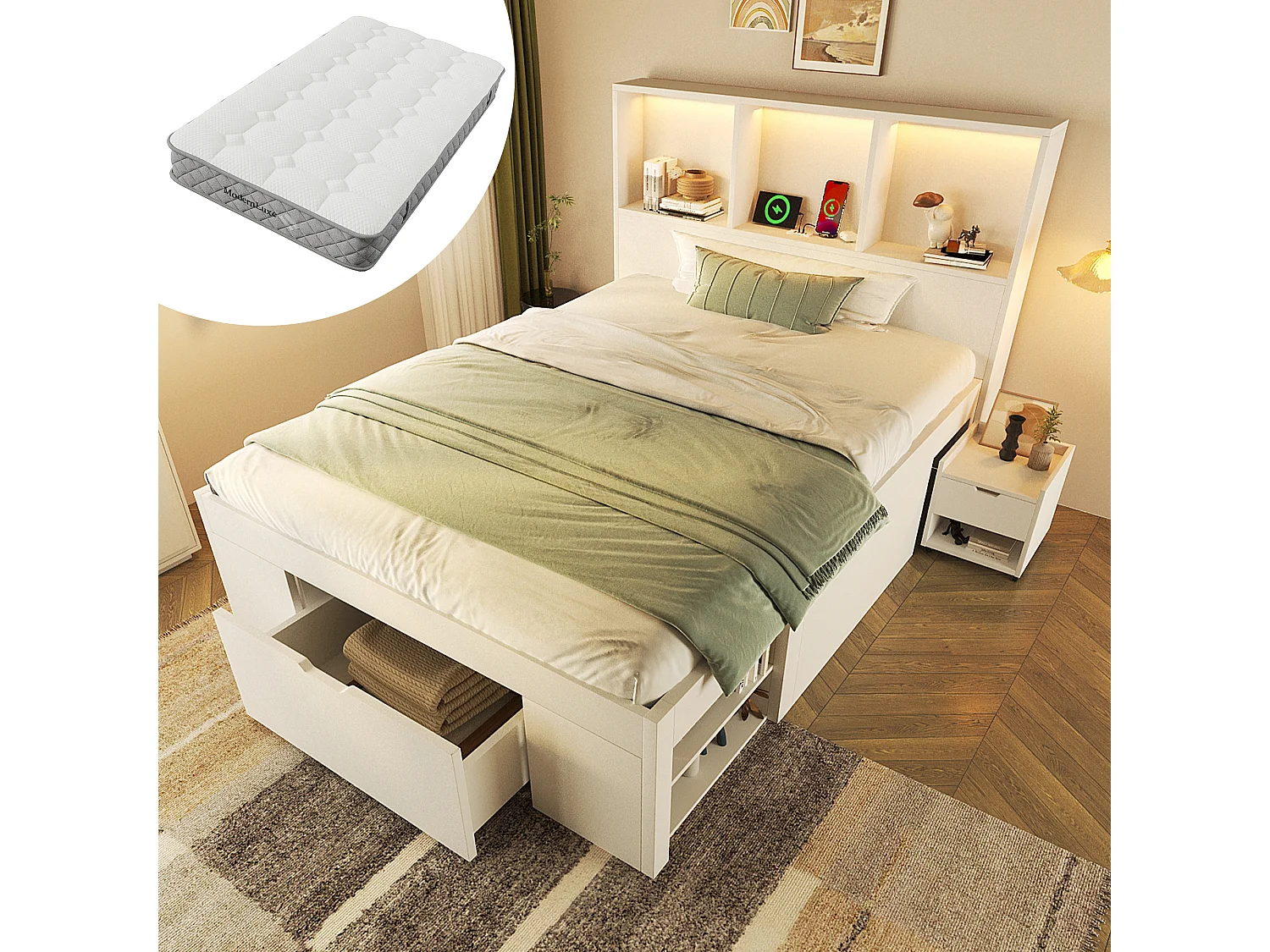 Eenpersoons houten opbergbed - 90 x 200 cm - met afneembaar nachtkastje + LED-verlichting + USB-aansluiting + lades + planken - wit (matras inbegrepen)