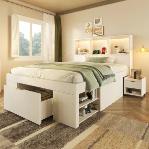 Eenpersoons houten opbergbed – 90 x 200 cm – met afneembaar nachtkastje + LED-verlichting + USB-aansluiting + lades + planken – wit Eenpersoons houten opbergbed – 90 x 200 cm – met afneembaar nachtkastje + LED-verlichting + USB-aansluiting + lades + planken – wit