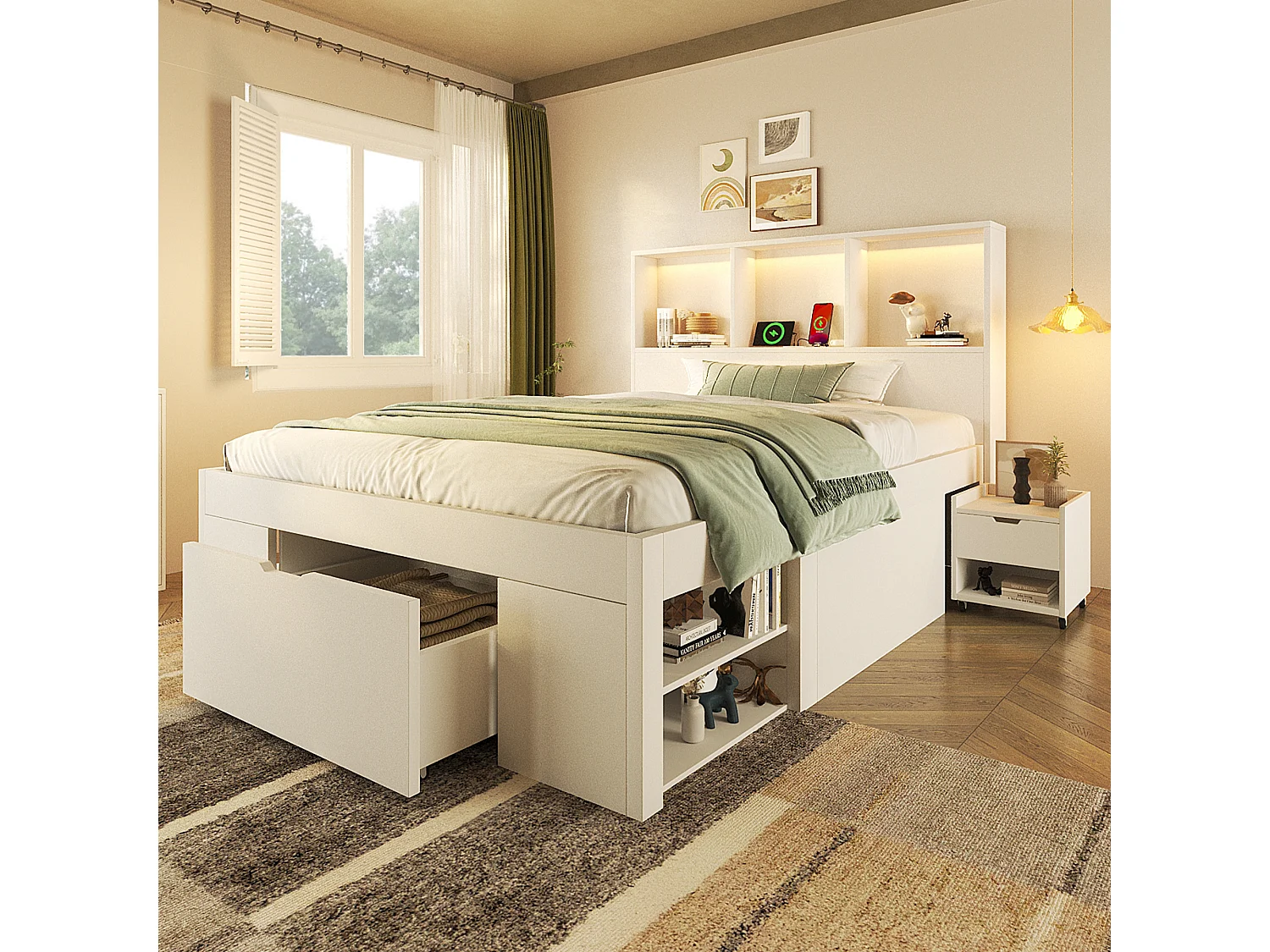 Eenpersoons houten opbergbed - 90 x 200 cm - met afneembaar nachtkastje + LED-verlichting + USB-aansluiting + lades + planken - wit