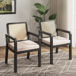 Eetkamerstoelen (2 stuks), fluwelen bekleding, ergonomisch ontwerp, rugleuning van gevlochten rotan, poten van rubberhout, zwart