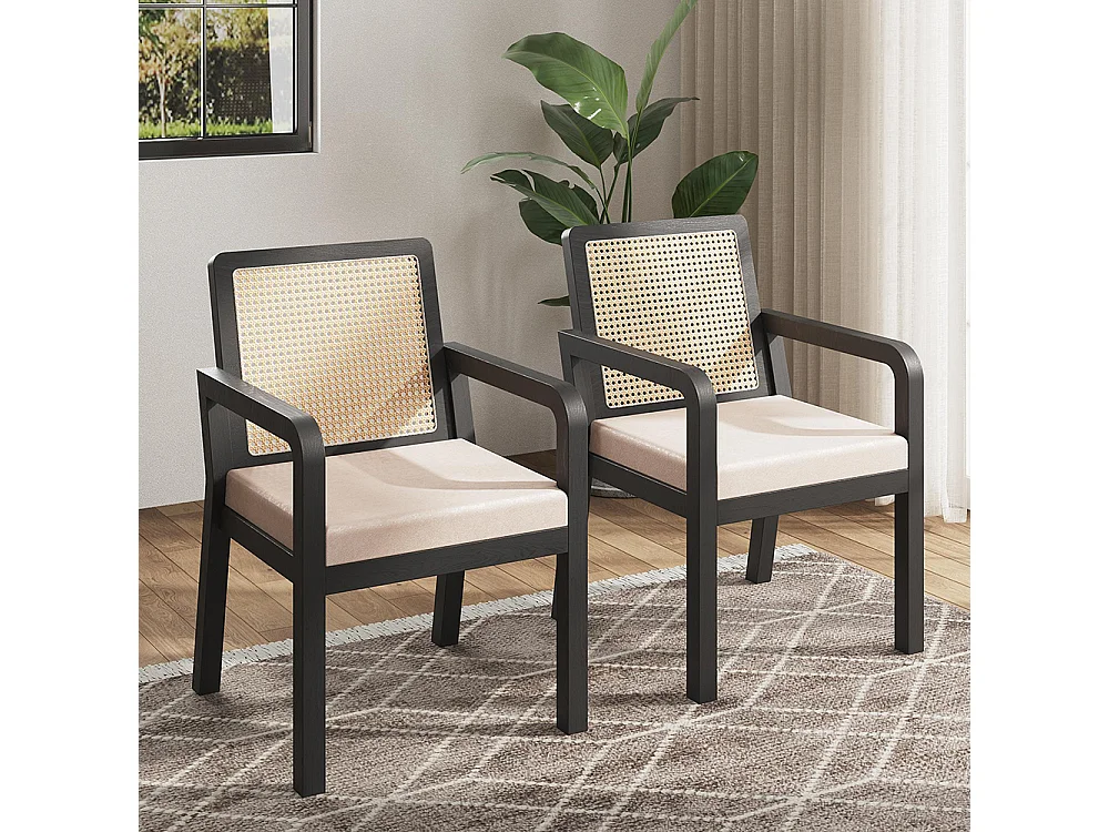 Eetkamerstoelen (2 stuks), fluwelen bekleding, ergonomisch ontwerp, rugleuning van gevlochten rotan, poten van rubberhout, zwart