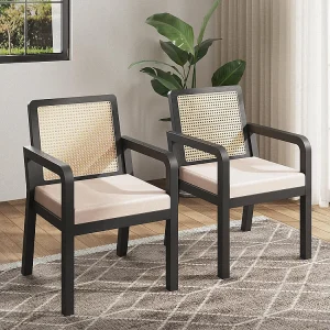 Eetkamerstoelen (6 stuks), fluwelen bekleding, ergonomisch ontwerp, rugleuning van gevlochten rotan, poten van rubberhout, zwart