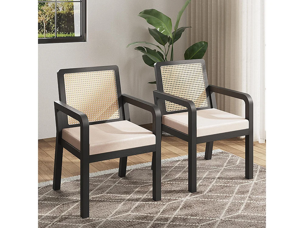 Eetkamerstoelen (6 stuks), fluwelen bekleding, ergonomisch ontwerp, rugleuning van gevlochten rotan, poten van rubberhout, zwart