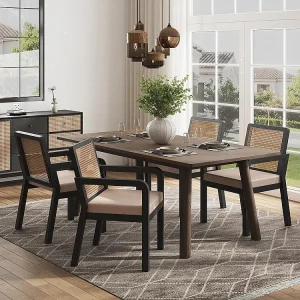 Eetkamerstoelen (4 stuks), fluwelen bekleding, ergonomisch ontwerp, rugleuning van gevlochten rotan, poten van rubberhout, zwart