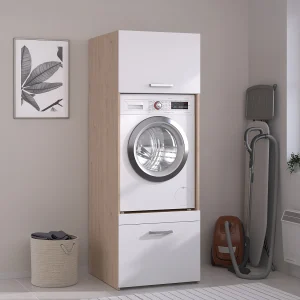 Wasmachinekast met plank, lade en kast – Licht naturel en wit – B64 x H184 – ERKANO Wasmachinekast met plank, lade en kast – Licht naturel en wit – B64 x H184 – ERKANO