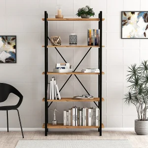 FANI Ontwerp metalen boekenkast – 5 planken – hout en zwart FANI Ontwerp metalen boekenkast – 5 planken – hout en zwart