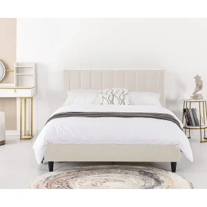 Fluweel Bed Beige 140×190 Cambridge Modern met Gestoffeerd Hoofdbord in Fluweel
