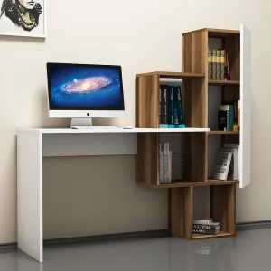 Functioneel bureau met 6 houten en witte opbergvakken – Eigentijds design – Groot werkoppervlak Functioneel bureau met 6 houten en witte opbergvakken – Eigentijds design – Groot werkoppervlak