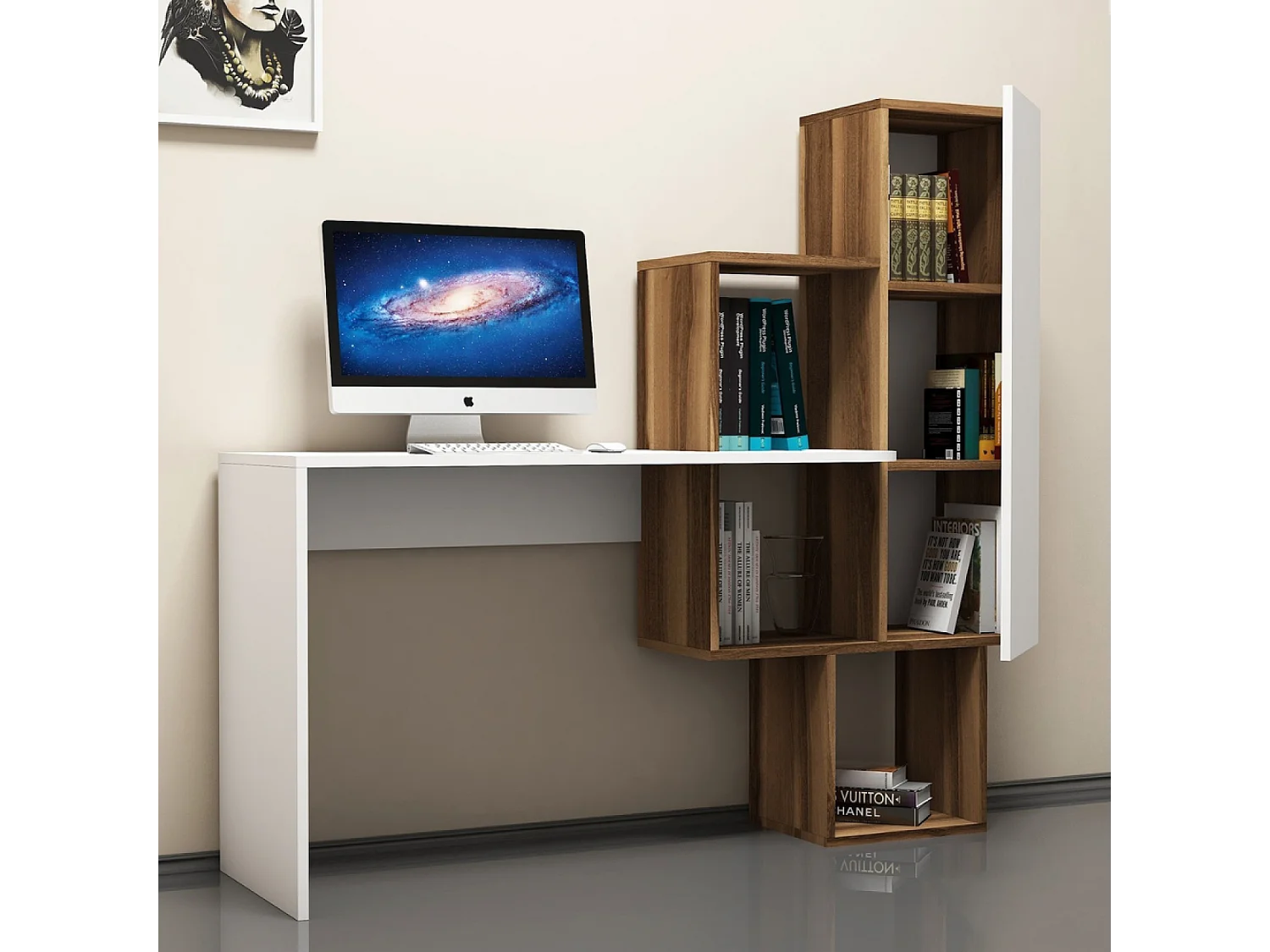 Functioneel bureau met 6 houten en witte opbergvakken - Eigentijds design - Groot werkoppervlak