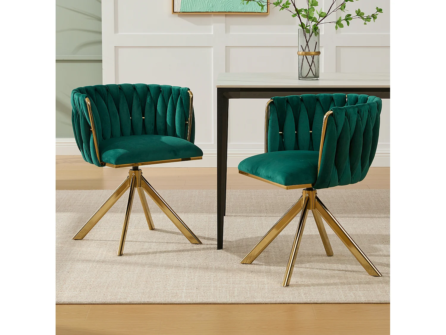 Draaifauteuil – 180° Draaibaar – Set Van 1 – Fluweel – Smaragdgroen – Ergonomische Rugsteun & Verstelbare Anti-Slip Voeten – Voor Thuiswerkplek en Lounge