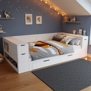 Gecombineerd Tweepersoonsbed 140 x 200 cm Met Lades En Nachtkastjes, Voor Tieners, Wit MDF, Zonder Matras Gecombineerd Tweepersoonsbed 140 x 200 cm Met Lades En Nachtkastjes, Voor Tieners, Wit MDF, Zonder Matras
