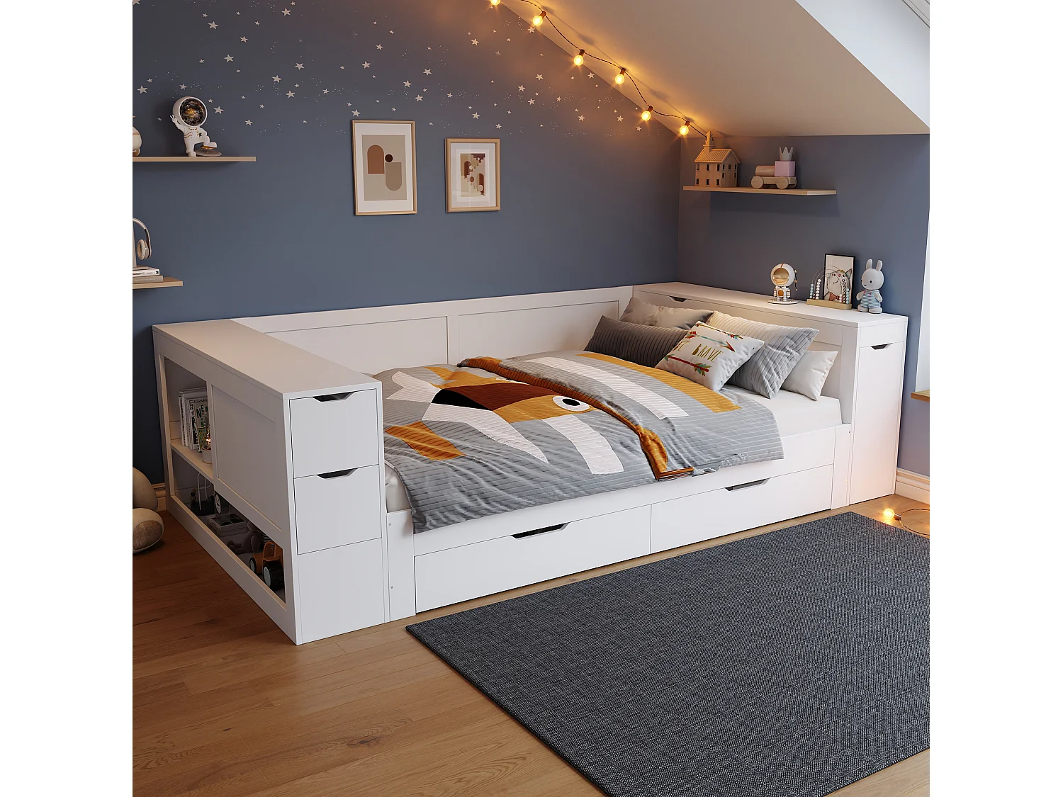 Gecombineerd Tweepersoonsbed 140 x 200 cm Met Lades En Nachtkastjes, Voor Tieners, Wit MDF, Zonder Matras