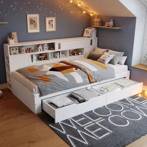 Gecombineerd Tweepersoonsbed 140 x 200 cm Met Lades, Boekenkast En Nissen, Opbergruimte, Wit MDF, Zonder Matras Gecombineerd Tweepersoonsbed 140 x 200 cm Met Lades, Boekenkast En Nissen, Opbergruimte, Wit MDF, Zonder Matras