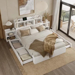 Gecombineerd Tweepersoonsbed 140 x 200 cm Met Nachtkastjes, Opbergkist En TYPE-C Interface, Draadloos Opladen, Wit MDF, Zonder Matras Gecombineerd Tweepersoonsbed 140 x 200 cm Met Nachtkastjes, Opbergkist En TYPE-C Interface, Draadloos Opladen, Wit MDF, Zonder Matras
