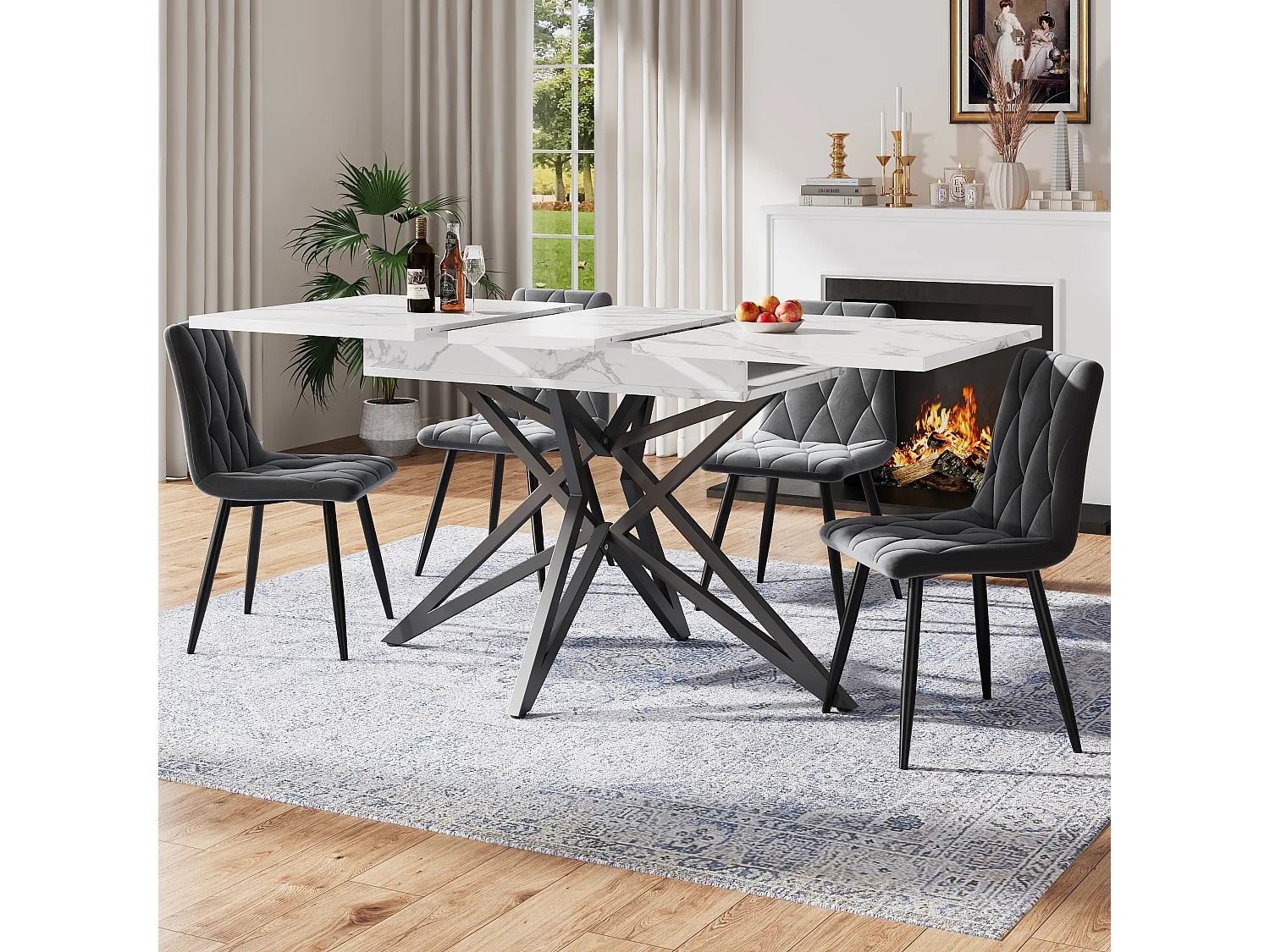 Eettafel Uitschuifbaar - Marmerlook Tafelblad - Stervormige Metalen Poten - Voor Eetkamer En Keuken - Wit - 120 160x80x66,1 Cm