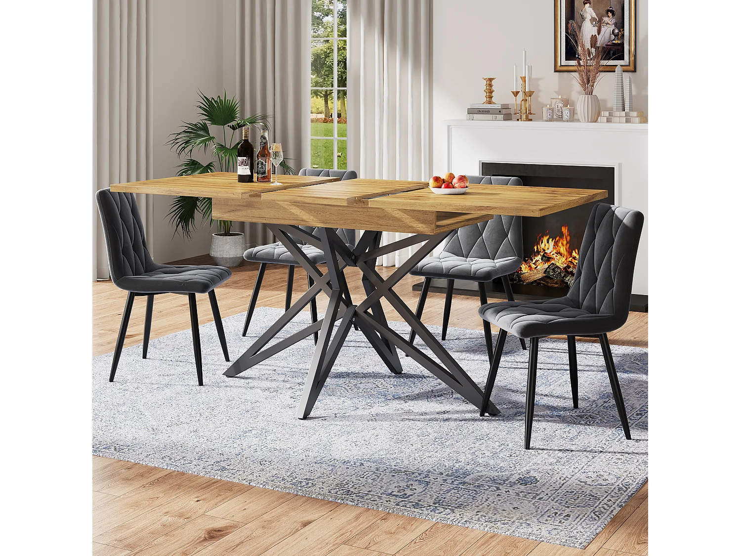 Eettafel Uitschuifbaar 120 Tot 160 Cm Voor 6 Tot 8 Personen Stervormige Poten MDF Metalen Onderstel Walnoot 80x66,1 Cm