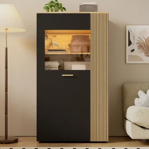 Dressoir – Opbergkast Met 16-Kleur LED – 3 Vaste En 2 Verstelbare Planken – Kabelmanagement – Glasdeur – Spaanplaat Zwart+Lichtbruin – 80×40×146 cm Dressoir – Opbergkast Met 16-Kleur LED – 3 Vaste En 2 Verstelbare Planken – Kabelmanagement – Glasdeur – Spaanplaat Zwart+Lichtbruin – 80×40×146 cm