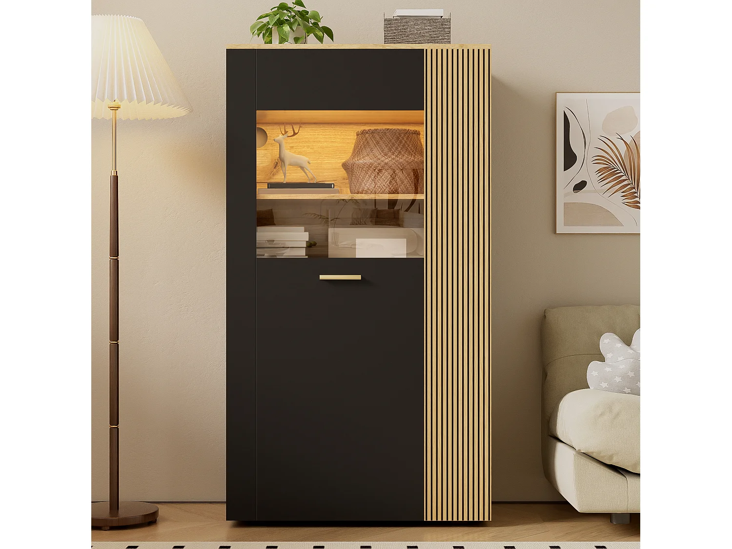 Dressoir - Opbergkast Met 16-Kleur LED - 3 Vaste En 2 Verstelbare Planken - Kabelmanagement - Glasdeur - Spaanplaat Zwart+Lichtbruin - 80×40×146 cm