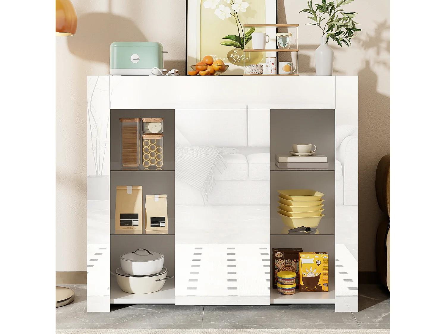 Dressoir – Hoogglans Wit Buffet – Met Glazen Planken En 1 Deur – 95x35x83 cm – Opbergruimte Voor Servies En Decor – Minimalistisch – Spaanplaat Wit