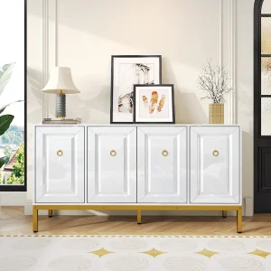 Dressoir – Wit Hoogglans – Goud Handgrepen En Poten – 140×40×80 cm – 4 Deuren – Ruime Opbergruimte Voor Woonkamer/Hal – Minimalistisch – MDF;Spaanplaat Dressoir – Wit Hoogglans – Goud Handgrepen En Poten – 140×40×80 cm – 4 Deuren – Ruime Opbergruimte Voor Woonkamer/Hal – Minimalistisch – MDF;Spaanplaat
