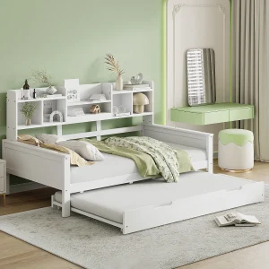 Eenpersoonsbed 90×200 cm – Uitklapbaar Bed met Opberglade – Hoofdbord met Boekenplanken, Ideaal voor Gasten – Vurenhout – Wit – Zonder Matras Eenpersoonsbed 90×200 cm – Uitklapbaar Bed met Opberglade – Hoofdbord met Boekenplanken, Ideaal voor Gasten – Vurenhout – Wit – Zonder Matras