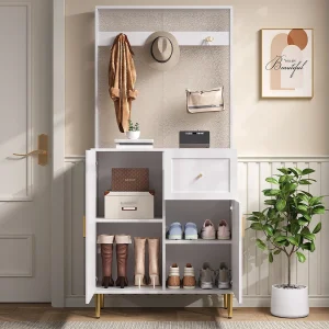 Garderobekast – Compacte Hal Organizer – 80×35×175,5 cm – Verstelbare Planken – Softclose Scharnieren – MDF Wit+Goud Met Haken Garderobekast – Compacte Hal Organizer – 80×35×175,5 cm – Verstelbare Planken – Softclose Scharnieren – MDF Wit+Goud Met Haken