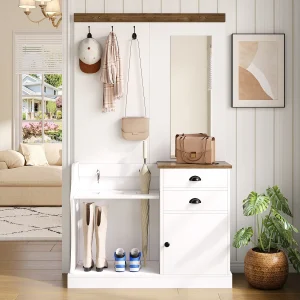 Garderobeset – Garderobe Met Spiegel En Haak – 2 Lades 1 Deur Parapluhouder En Sleutelhaken – 110,5×38×191 cm – Spaanplaat Wit+Bruin Garderobeset – Garderobe Met Spiegel En Haak – 2 Lades 1 Deur Parapluhouder En Sleutelhaken – 110,5×38×191 cm – Spaanplaat Wit+Bruin