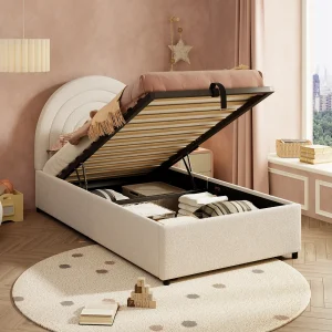 Eenpersoons Opbergbed 90 x 200 cm, Kinderbed Met Stoffen Bekleding, Eenvoudige Montage, Bouclé Beige, Zonder Matras Eenpersoons Opbergbed 90 x 200 cm, Kinderbed Met Stoffen Bekleding, Eenvoudige Montage, Bouclé Beige, Zonder Matras