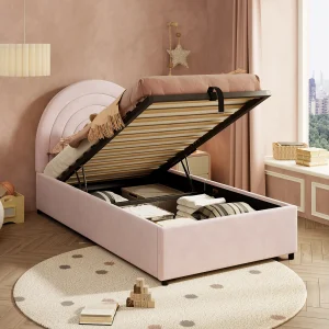 Eenpersoons Opbergbed 90 x 200 cm, Kinderbed Met Stoffen Bekleding, Eenvoudige Montage, Roze Fluweel, Zonder Matras Eenpersoons Opbergbed 90 x 200 cm, Kinderbed Met Stoffen Bekleding, Eenvoudige Montage, Roze Fluweel, Zonder Matras