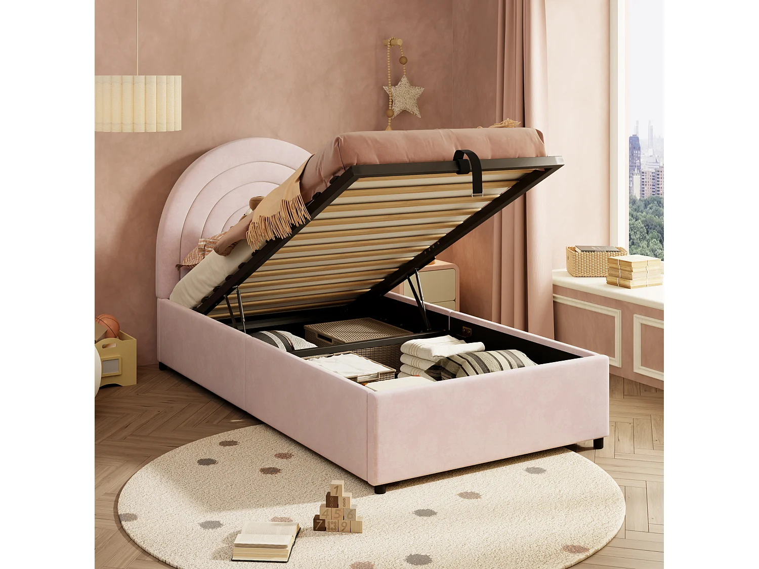 Eenpersoons Opbergbed 90 x 200 cm, Kinderbed Met Stoffen Bekleding, Eenvoudige Montage, Roze Fluweel, Zonder Matras