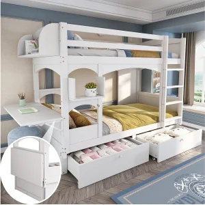 Etagebed 90x200cm – Kinderbed met Opklapbaar Bureau – met 2 Schuifladen – Massief Hout – met Lattenbodem – Zonder Matras – Wit