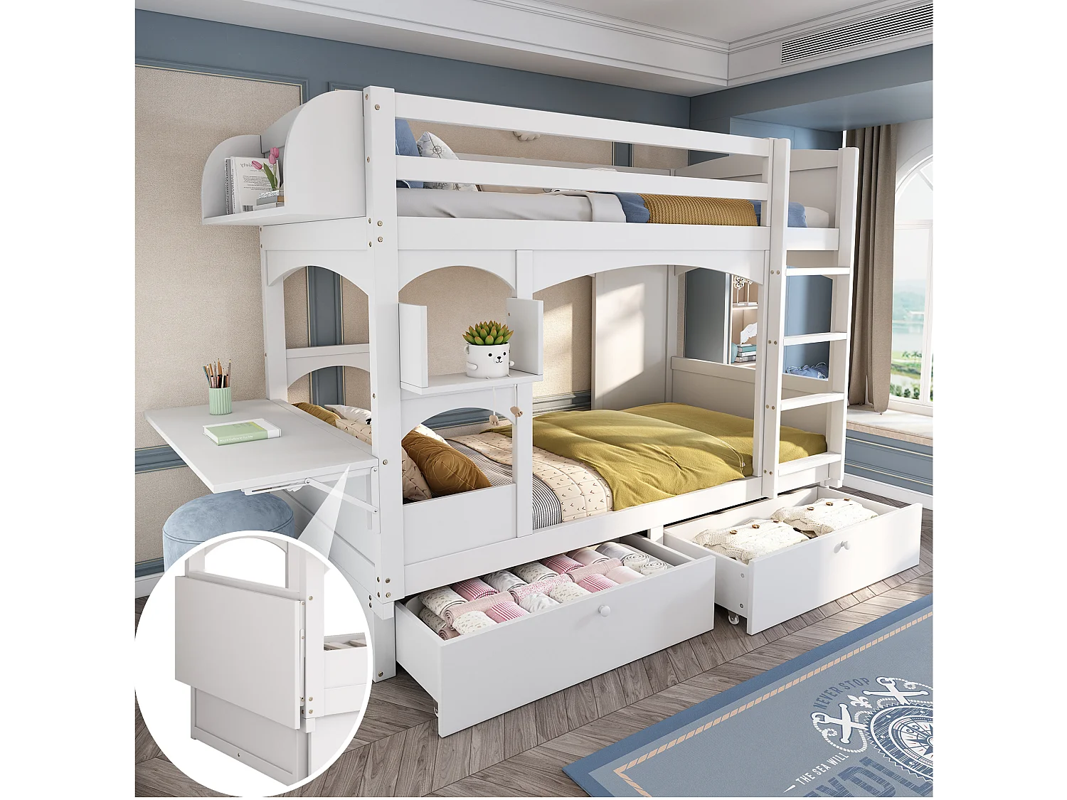Etagebed 90x200cm - Kinderbed met Opklapbaar Bureau - met 2 Schuifladen - Massief Hout - met Lattenbodem - Zonder Matras - Wit